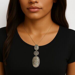 Women’s Dual-Tone Geometric Pendant Necklace – Triple Shape Long Chain Statement